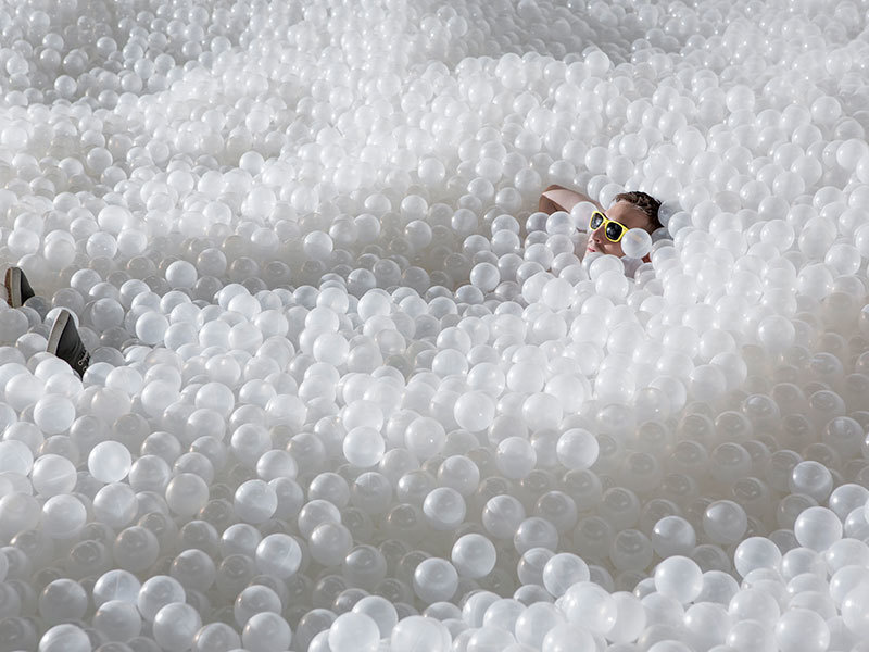 Recyclable translucent plastic balls act as the ocean.