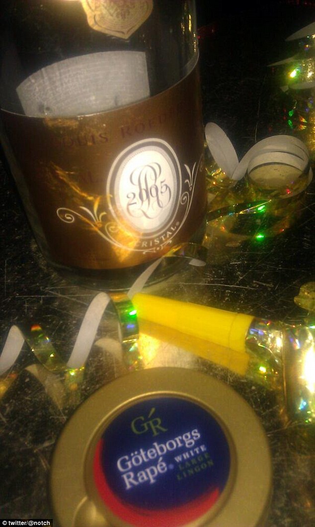 Gettin ghigh: Notch tweeted pictures of his Swedish sniffing tobacco and a bottle of £420 Cristal champagne