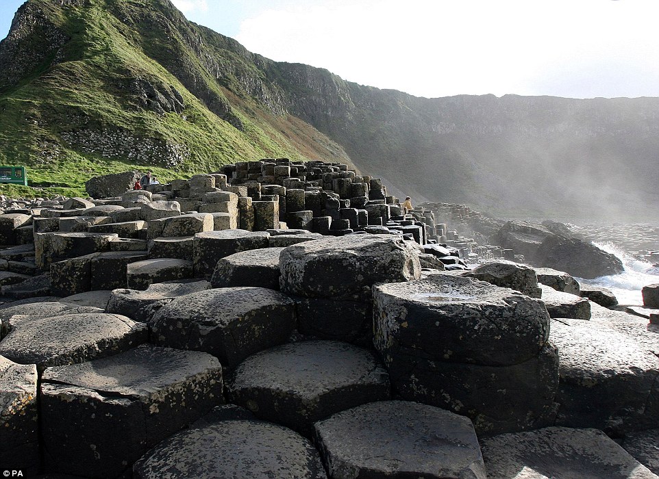 The Giant's Causeway in County Antrim, Northern Ireland, is an area of about 40,000 interlocking basalt columns