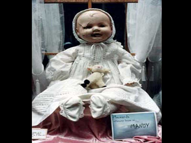 The Mandy Doll was made in England in 1910. Its former owner would hear the doll crying in the nights and when she donated it to the museum in British Columbia, employees say they hear footsteps around the doll and cameras malfunction. They even say that Mandy has been known to vandalize the other dolls in the same display as her.