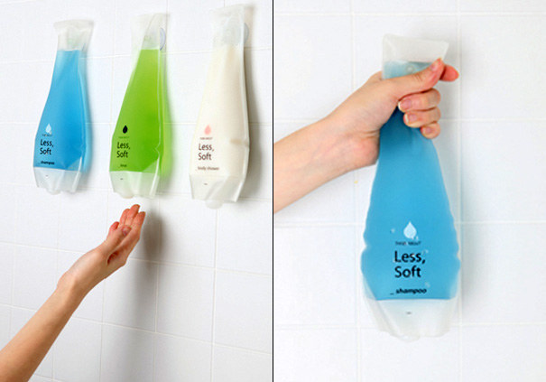 These squeezable shampoo and soap bottles that stick to the wall.