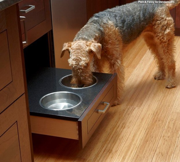 To save on floor space, put your dog's bowls in a bottom drawer.