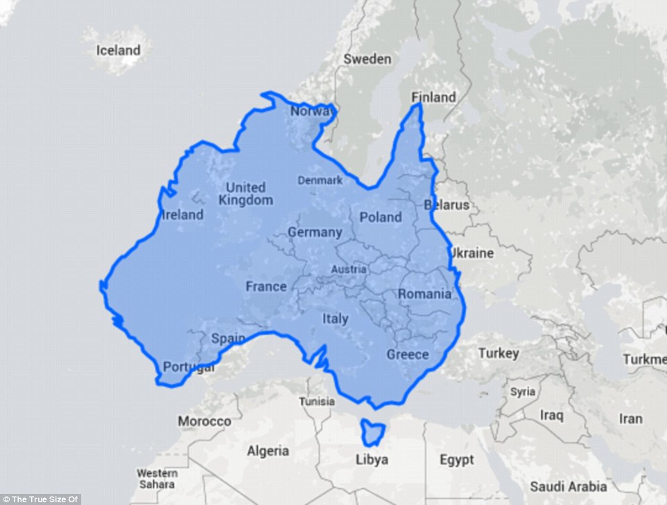Computer developers James Talmage, and Damon Maneice based their interactive map called ‘The True Size’ on his work, to highlight the distortion caused by the Mercator map. A screenshot shows Australia is roughly as large as Western Europe