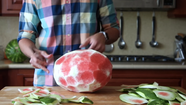 First, you take one watermelon and you peel it.
