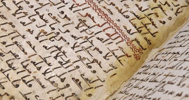 An Islamic manuscript which has been identified as one of the world’s oldest fragments of the Koran on show at the University of Birmingham. Photograph:  Joe Giddens/PA Wire 