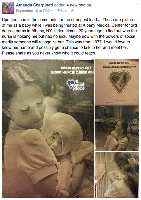 For 38 years Amanda has wanted to know the identity of the nurse. After posting the photos to Facebook it didn't take long for the internet to solve the mystery.