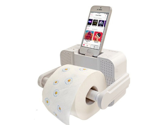 The iPhone dock and toilet paper dispenser for those that take their mobile everywhere. 