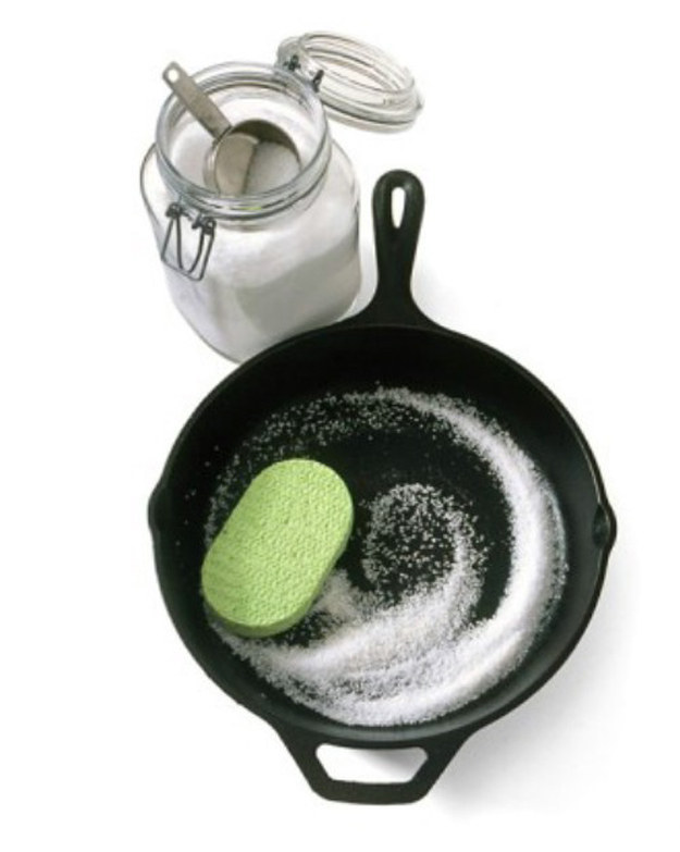 Use salt to clean your cast-iron without losing the cure.