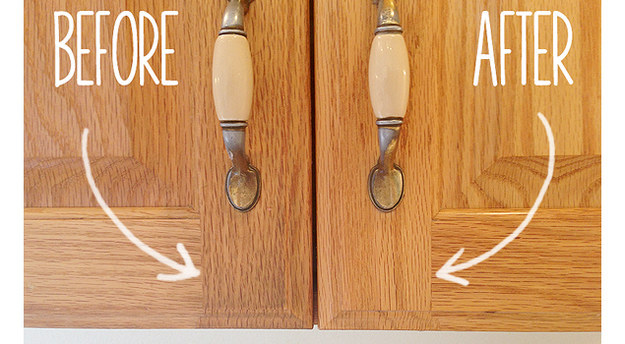 Get the grime off the front of your cabinets with baking soda paste.