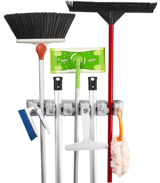 Hang your brooms and mops upright instead of storing them on the floor.