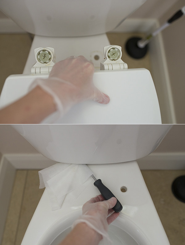 To get the nooks and crannies of your toilet super clean, take the lid off and use a screwdriver and Clorox wipe.
