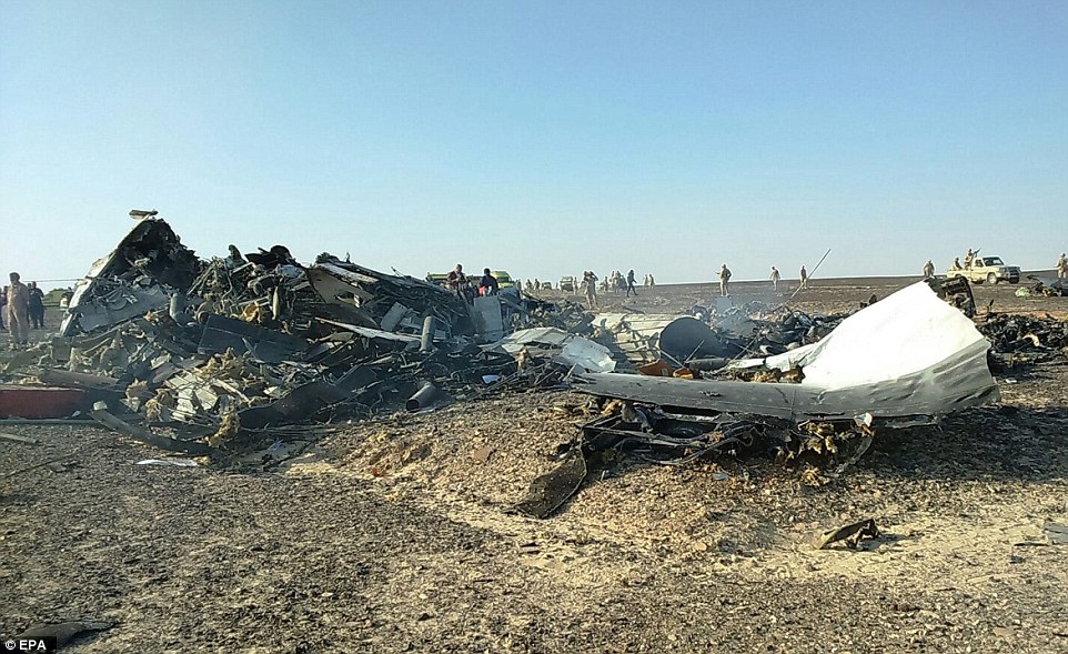 Fatal disaster: Yesterday afternoon, German airline Lufthansa said they will no longer fly over the Sinai peninsula 'as long as the cause for [the] crash has not been clarified'. Air France later said the same. Above, debris from the crashed jet is pictured in the Sinai desert