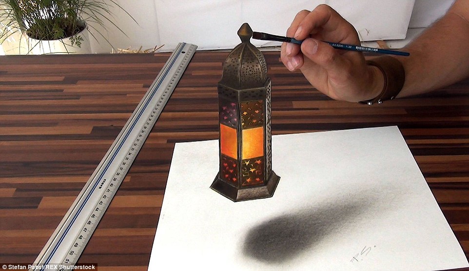 Lighting up the page: It takes around three hours for Stefan to create the increible illusions, tricking the viewer with drawn shadows make the work seem to literally jump off the page when they are complete