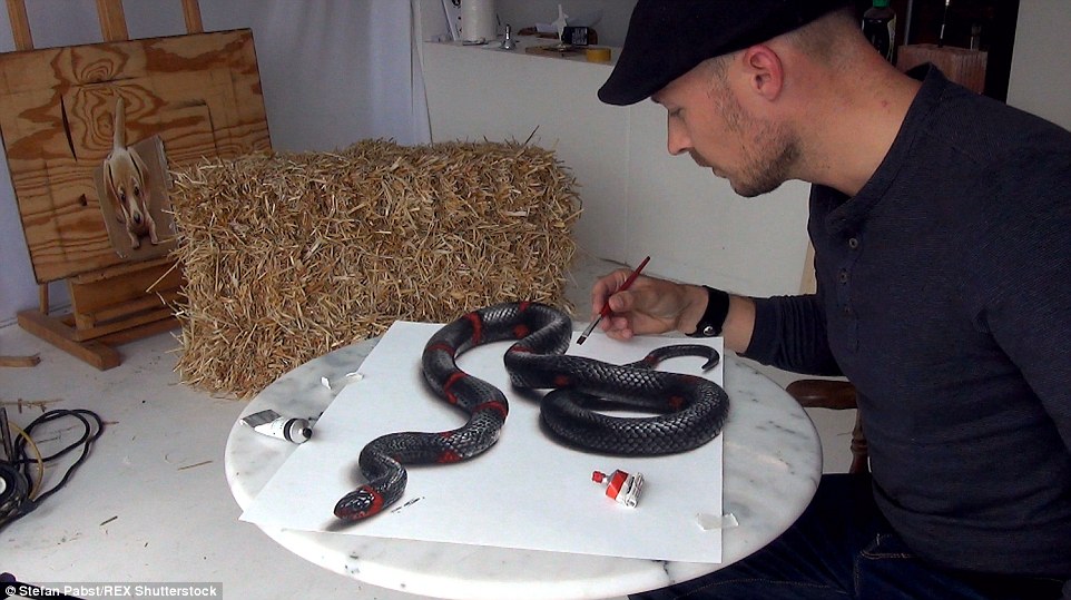 Art with bite: His work ranges from poisonous snakes that appear real enough to touch to stunning drawings of stars including Scarlett Johansson and Angelina Jolie