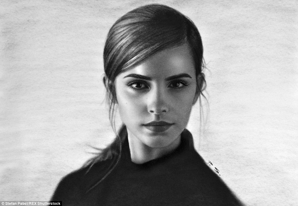 A touch of magic: Mr Pabst gets orders from a number of international companies who want him to paint celebrities such as this on of British actor Emma Watson