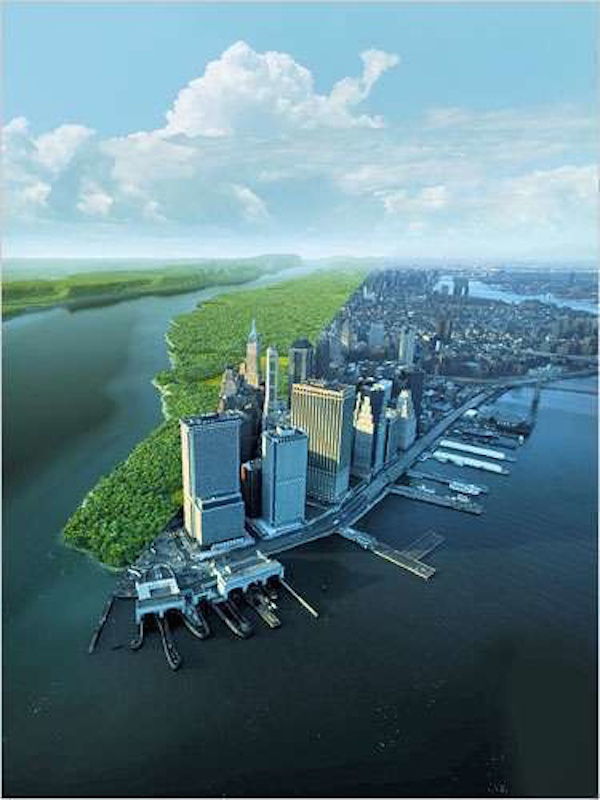 Manhattan today, versus what it would have looked like 400 years ago.