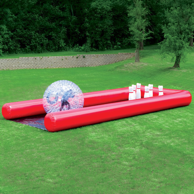 A human-size bowling ball set.