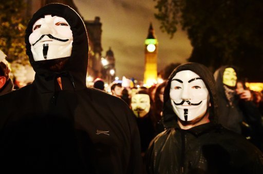 Protestors demonstrate near Parliament Square, London, during the Million Mask March bonfire night protest organised by activist group Anonymous.