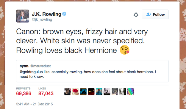 Rowling took to Twitter to confirm that Hermione's race was never specified in the series.