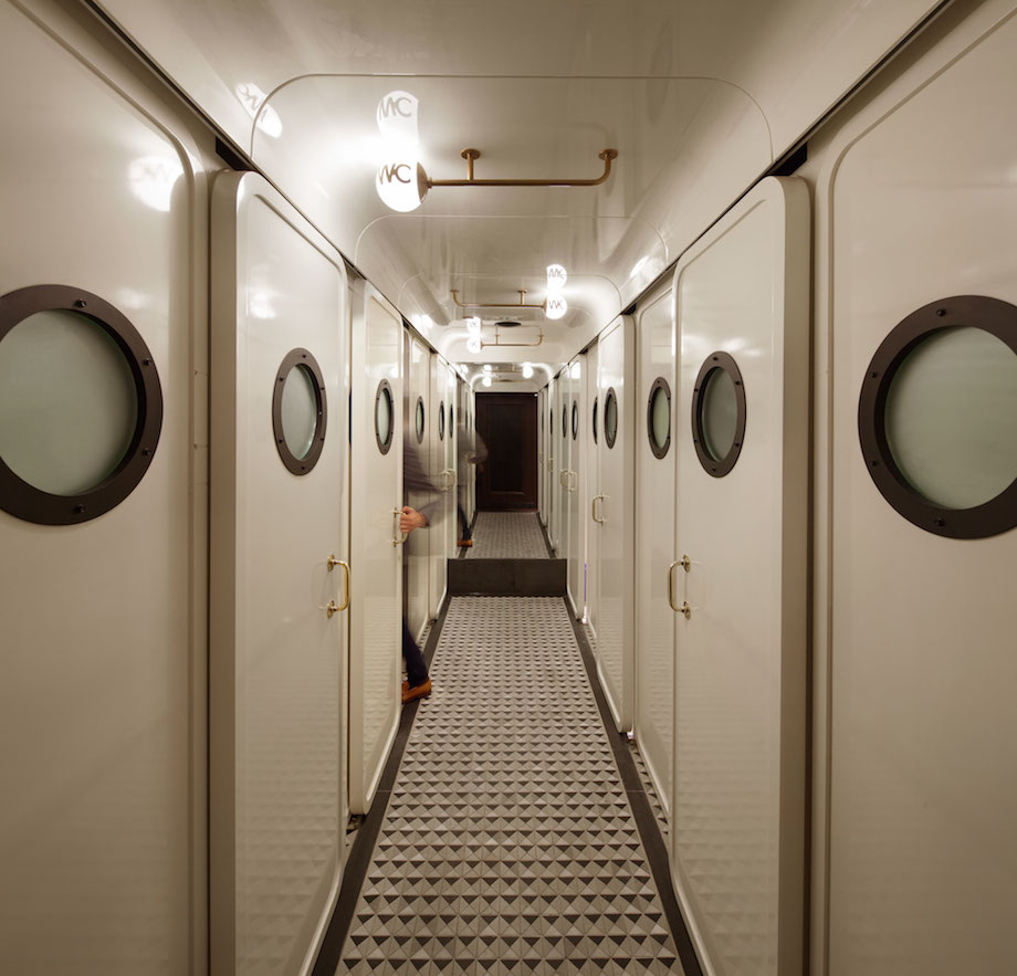 If you find yourself in need of the facilities, enjoy private restrooms that look like something straight out of a cruise ship.