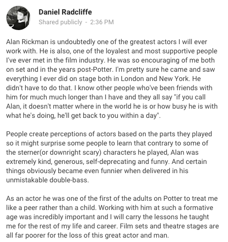 Harry Potter himself, Daniel Radcliffe, shared this lovely message on his Google+ page.