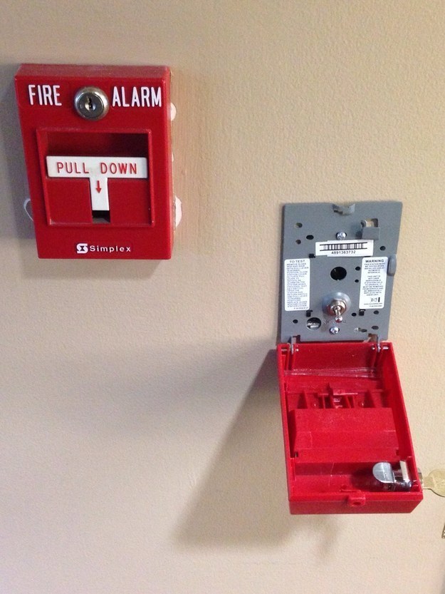 The inside of a fire alarm, which is just a simple switch.