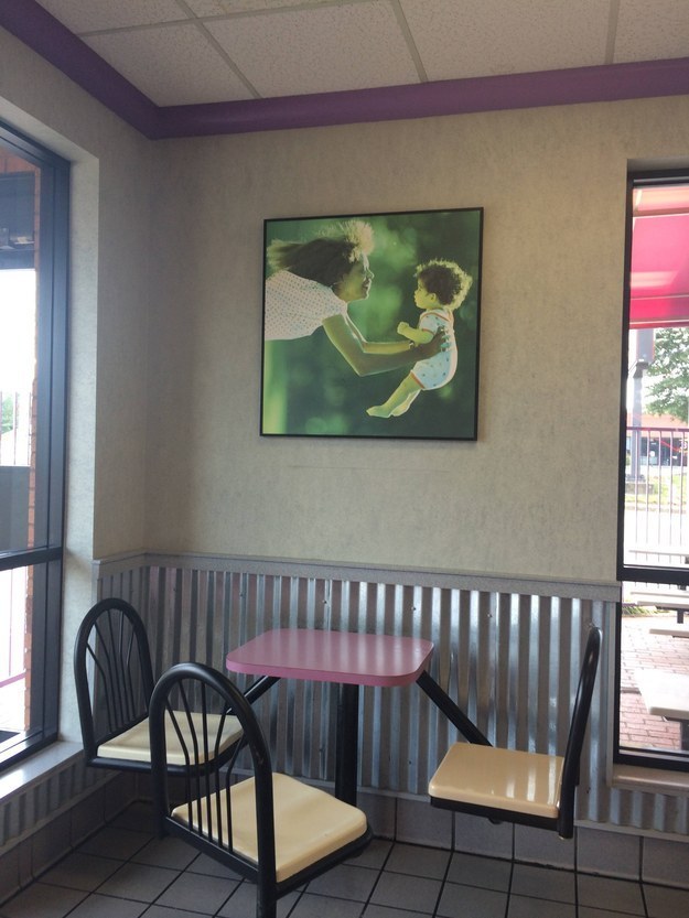 This picture in a McDonald's that was hung sideways.