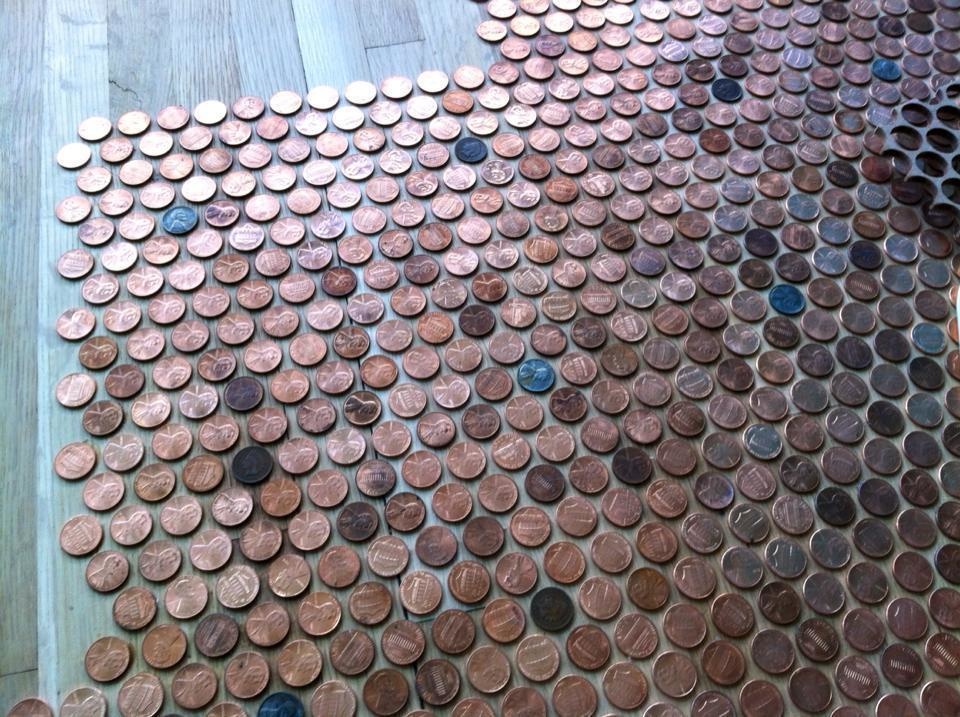 Each square foot of the floor contains a buffalo nickel, an Indian head, and two steel pennies.