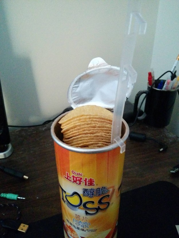 This potato chip can that comes with a device for always keeping the chips at the top.