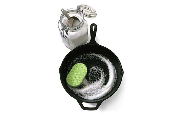 Remove tough food stains from cast-iron pans with coarse salt.