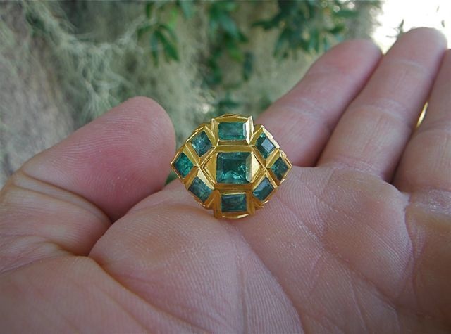 A 22.5-carat gold ring with Colombian emeralds from a 1715 Spanish fleet.