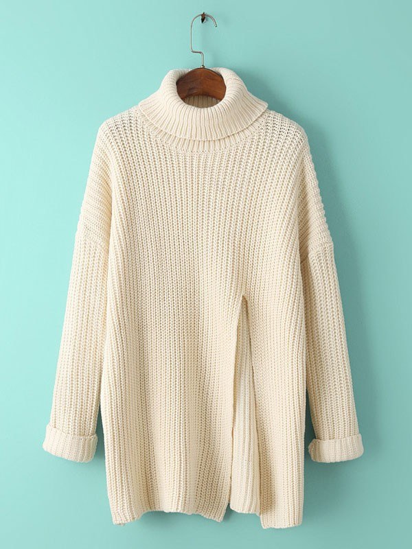 Solid Color Front High Slit Turtle Neck Sweater, $22.22  from Zaful
