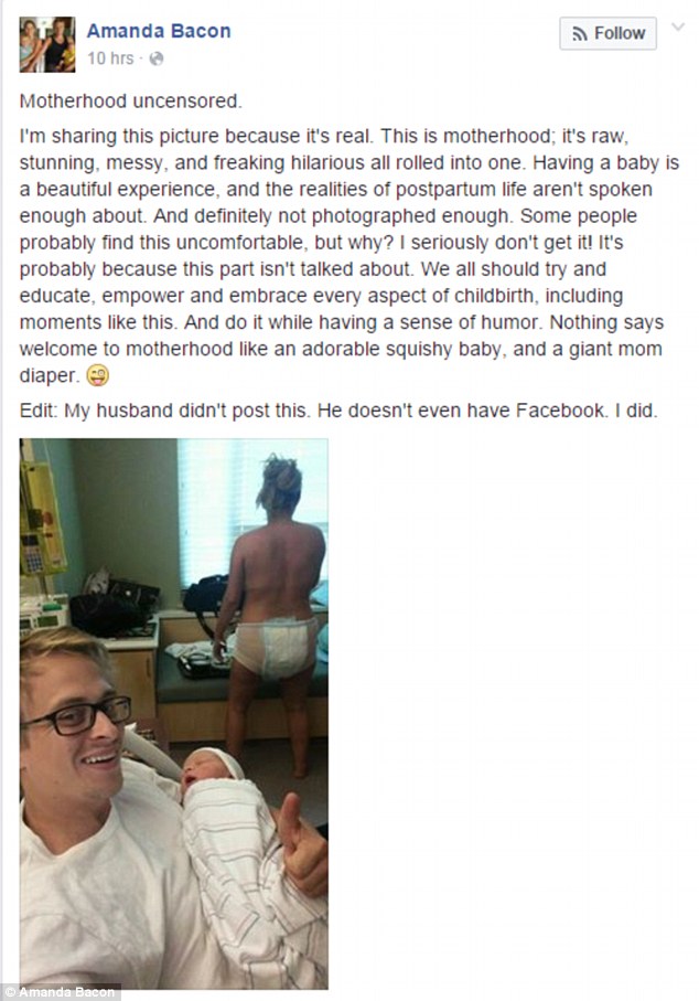 'Raw, stunning, messy': The mother-of-two wrote a paragraph about the realities of motherhood alongside the candid image, which was posted on Facebook and also features her husband holding their newborn