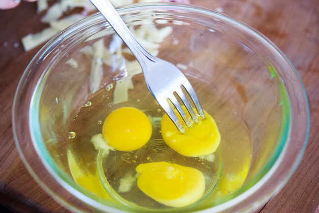 And before you try to whisk the eggs, pierce the yolks with a fork.