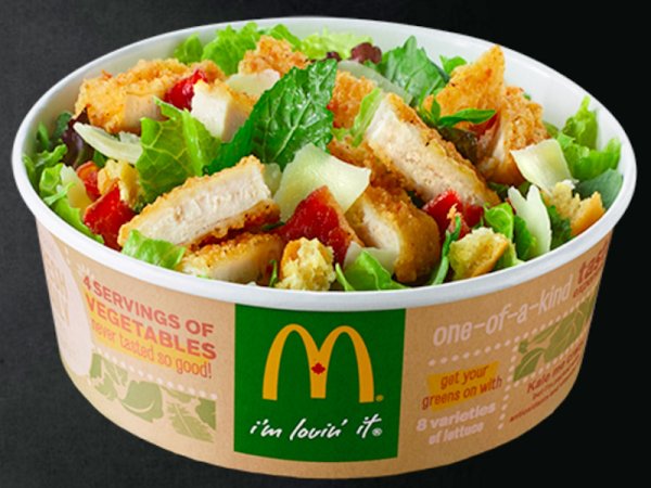 Kale salads were added for more health-conscious diners, but there was a big problem in their logic  McDonald's Canada's "Keep Calm, Caesar On" crispy chicken salad with "real parmesan petals" and "a nutrient-rich lettuce blend with baby kale" has 730 calories, 53 grams of fat, and 1,400 milligrams of salt, once you add the Asiago Caesar dressing. That's actually not healthy at all. In fact, in comparison, the double Big Mac actually is less unhealthy for you with its 680 calories, 38 grams of fat, and 1,340 milligrams of sodium.  A McDonald's representative retorted that customers could alter the salads to make them healthier. Excluding dressing, would reduce the calories to 520 and cut the fat nearly in half and customers can also opt for grilled chicken instead of fried chicken to further reduce calorie and fat content. Still...who orders something on a McDonald's menu and then has it tweaked for the sake of health? Seems like an unlikely scenario at best.