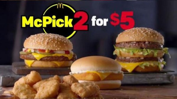 The McPick 2 promotion  Back in January McDonald's let customers select two of the following items for just $2: a McDouble, a McChicken, small fries, and mozzarella sticks. However, in late February they raised the price of the deal to $5, allowing customers to select two of the following for $5: a Big Mac, 10-piece chicken McNuggets, a Filet-O-Fish sandwich, and a Quarter Pounder with cheese.  The McPick 2 promotion was created to address a common complaint that the McDonald's menu didn't offer enough value options. Let that last statement sink in for a moment.