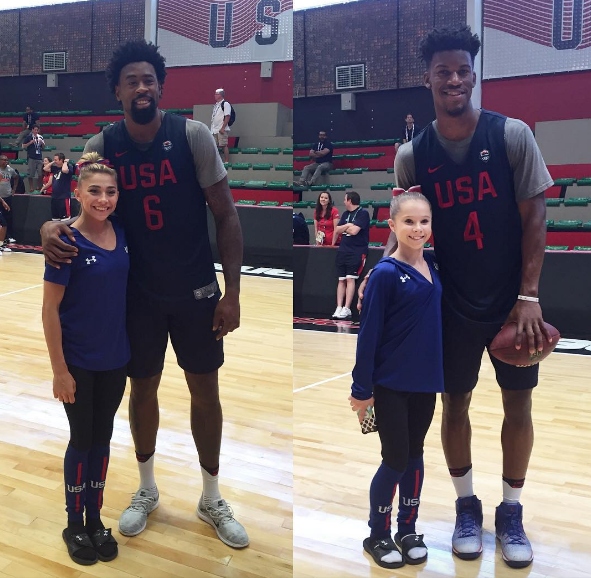 This picture of basketballer players Jimmy Butler and Deandre Jordan with gymnasts Ragan Smith and Ashton Locklear: