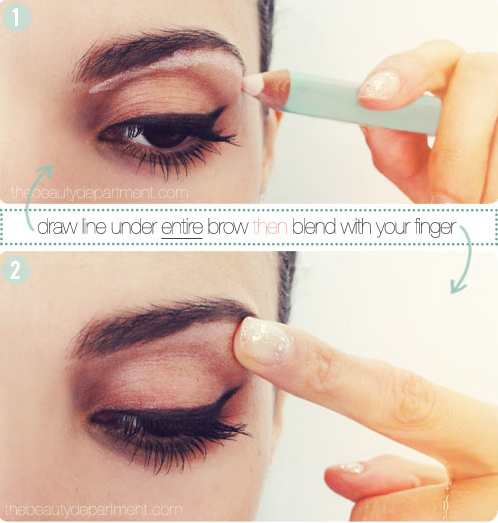 Add some height to the arch of your eyebrows by blending highlighter directly under your brow.