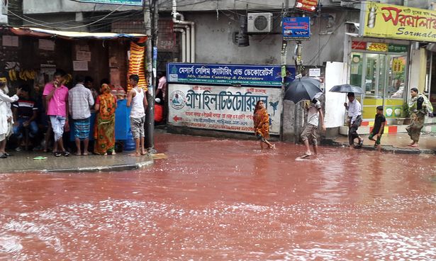 road turned red after blood from sacrificial animals mixed with water from heavy rainfall in Dhaka