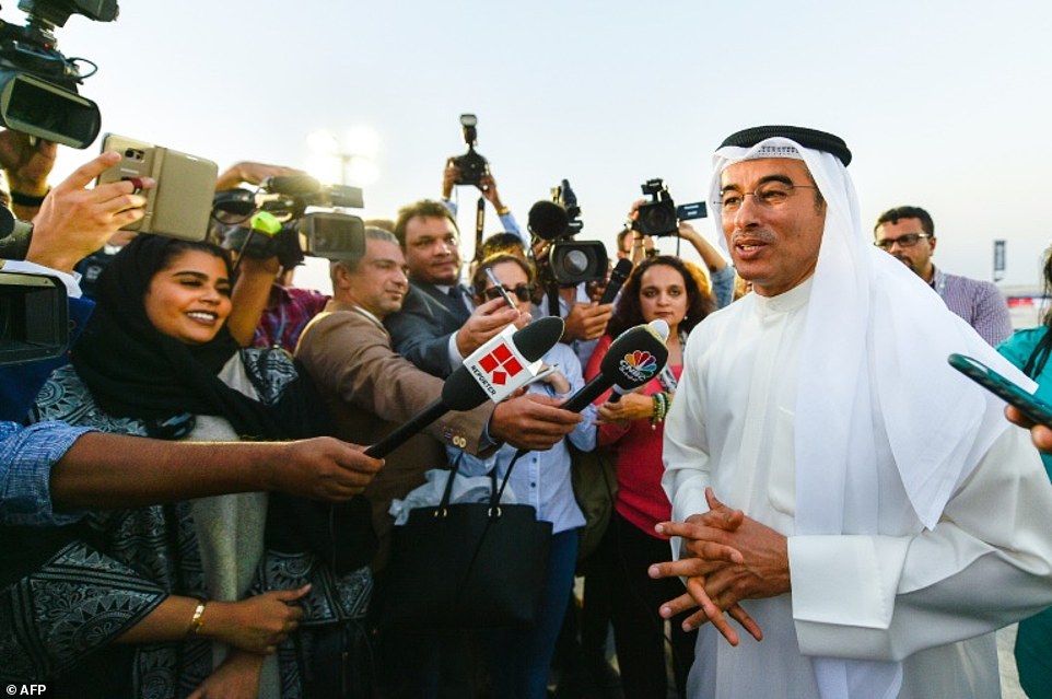 Mohammad Alabbar (right), chairman of Emaar Properties speaks to the press during a groundbreaking ceremony of The Tower at Dubai Creek Harbour on October 10