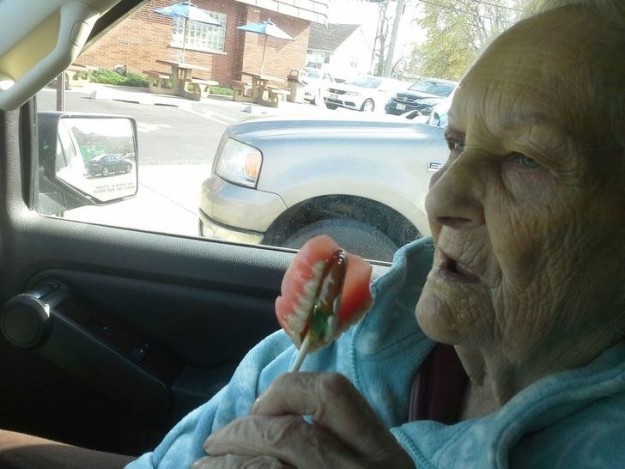 This grandma who should stay away from sticky candy: