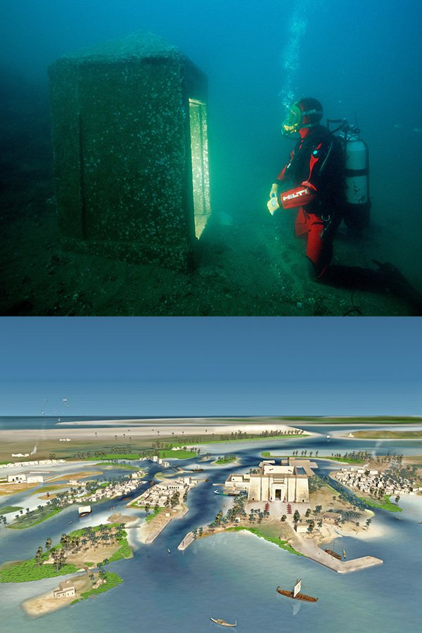 Thonis-Heracleion- Egypt

Just a few years later another lost Egyptian city was found by Goddio and his team. Thonis-Heracleion, a city that both Greek and Egpytian legend described as a grand port of trade between the Mediterranean and Nile River. The Temple of Amun could be found there and it’s thought that natural disasters caused the sea to swallow the entire city in the 8th century A.D. Objects found included statues, a giant temple, and even ceramic pottery pieces that furthered the notion that the city was very wealthy. 

According to Goddio, “It was the port of entry to Egypt, so all trade had to go through the city. Furthermore, it possessed a temple where every pharaoh had to go in order to receive the title of their power, as universal sovereign, from the supreme god Amun. So it was very wealthy.”