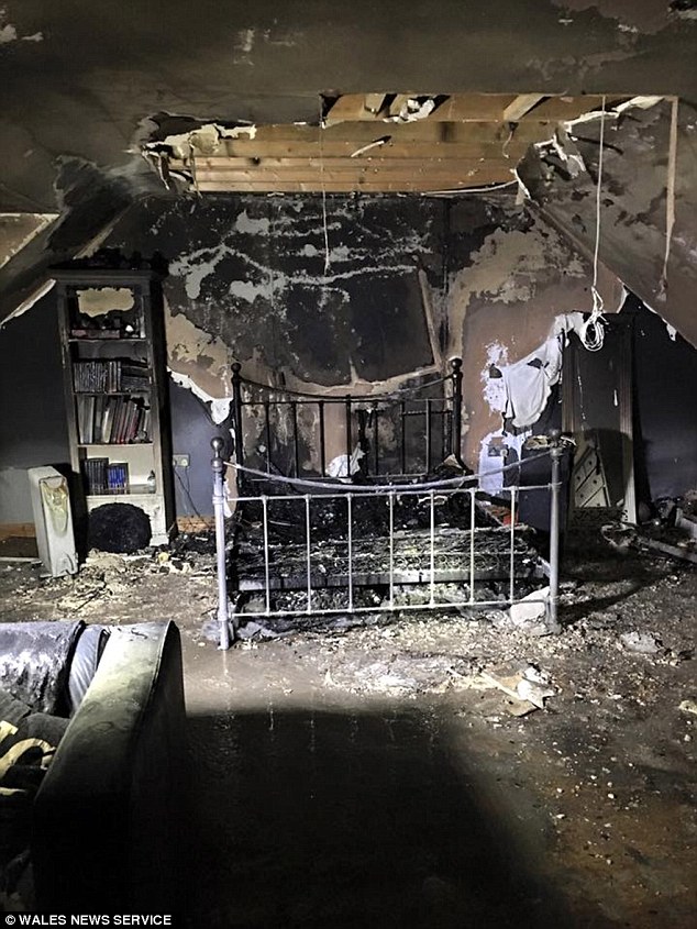 After: This is the devastated bedroom belonging to Caitlin Rae Durant, 15, caused when a fire was sparked by her iPhone charger