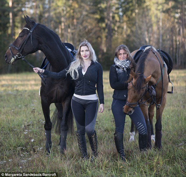 Lovisa, right, spends her days caring for horses in contrast to Pixee's jet-set lifestyle as a glamour model