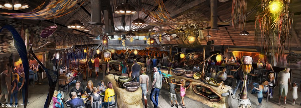 This rendering shows the new Satu’li Canteen, which is the main dining establishment for Pandora, featuring Na’vi art and cultural items