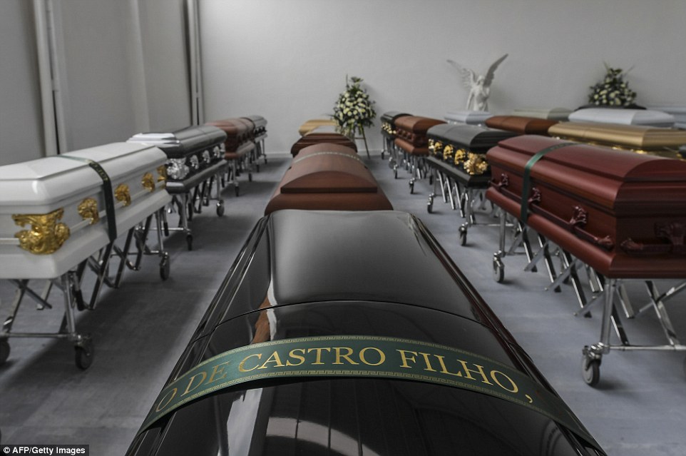 The coffins of some of the Brazilian Chapecoense football team players killed in a plane crash in the Colombian mountains, are seen at the San Vicente Mortuary in Medellin