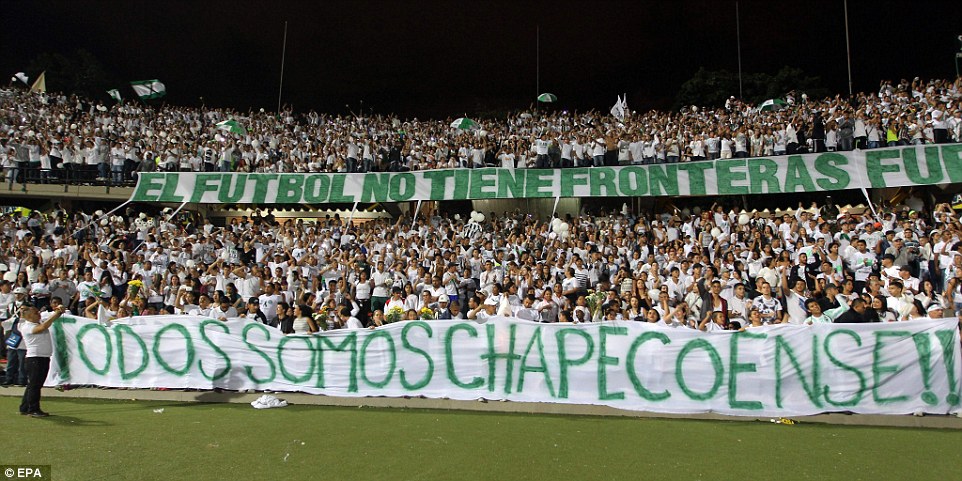 Club leaders said they hope to organise a mass wake at the stadium to give the players a true Chapecoense sendoff. Pictured above were the tributes held in Medellin