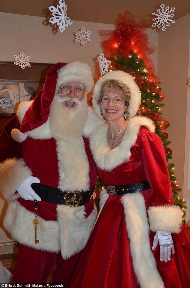 He and his wife Sharon Byrne Schmitt-Matzen, pose together as Mr and Mrs Claus