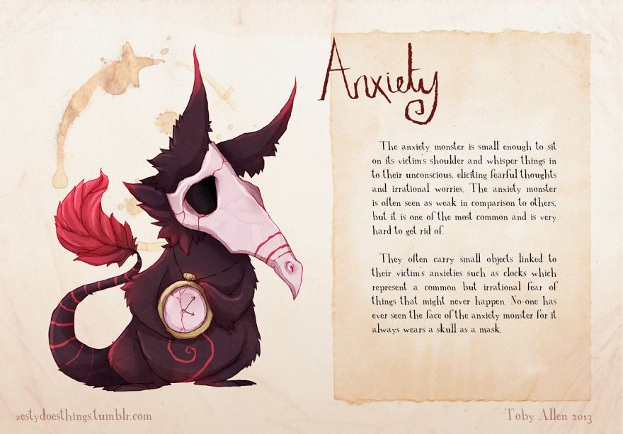 患有焦慮症的藝術家將「16種心理疾病」畫成附身人類的小怪獸。憂鬱症怪物很恐怖！