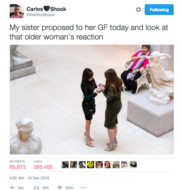 When her excited 22-year-old brother, Carlos Jair Rodriguez, shared a picture of the proposal on Twitter, it quickly went viral and gained over 265,400 likes and 85,870 retweets.